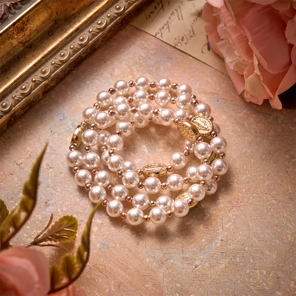 Christianartworkshop Multi-Loop Pearl Bracelet Rosary With Embossed Our Lady Medal: Emblem of Mild Heavenly Mercy - image 7