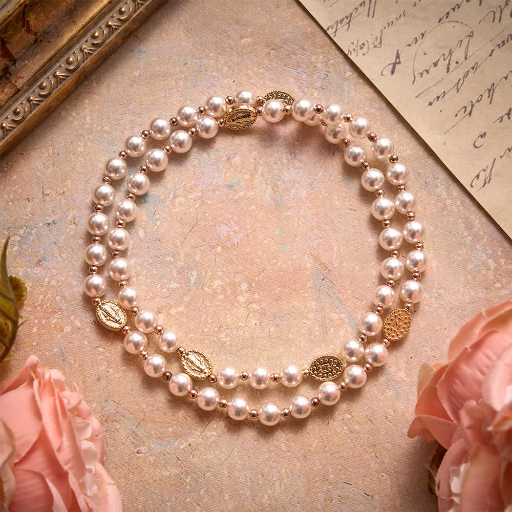 Christianartworkshop Multi-Loop Pearl Bracelet Rosary With Embossed Our Lady Medal: Emblem of Mild Heavenly Mercy - image 3