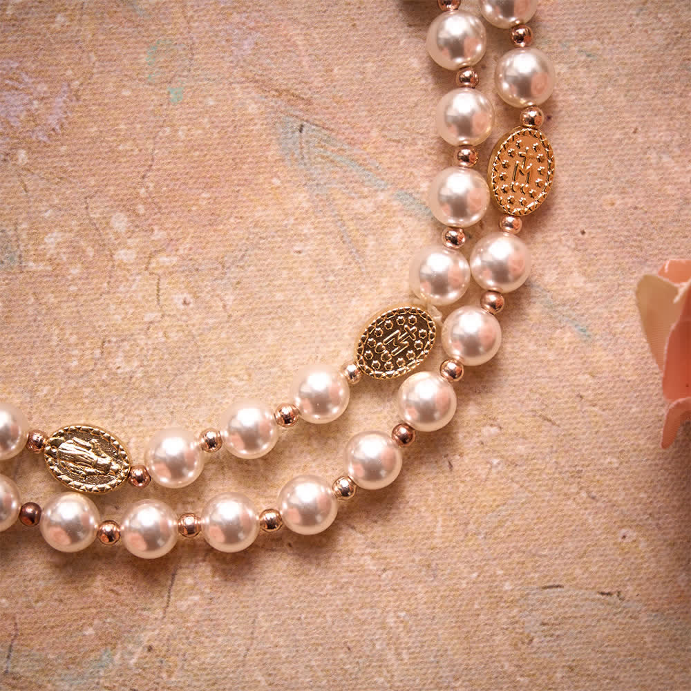 Christianartworkshop Multi-Loop Pearl Bracelet Rosary With Embossed Our Lady Medal: Emblem of Mild Heavenly Mercy - image 11