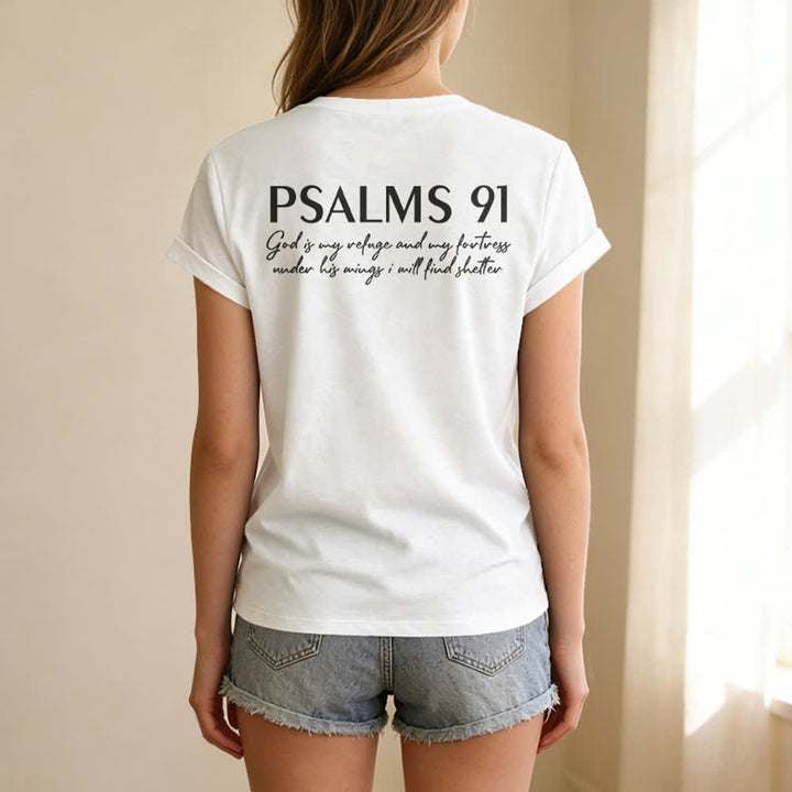 Christianartworkshop Psalms 91 Distressed Cross Knotted Hem Women's V Neck Tee - image 8