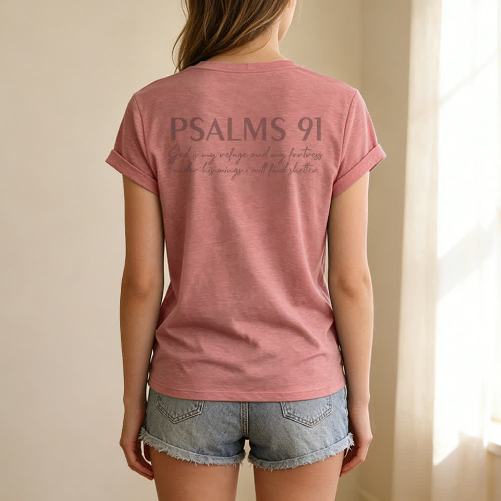 Christianartworkshop Psalms 91 Distressed Cross Knotted Hem Women's V Neck Tee - image 38