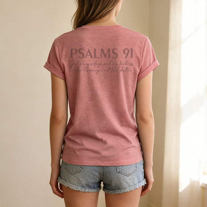 Christianartworkshop Psalms 91 Distressed Cross Knotted Hem Women's V Neck Tee - image 38