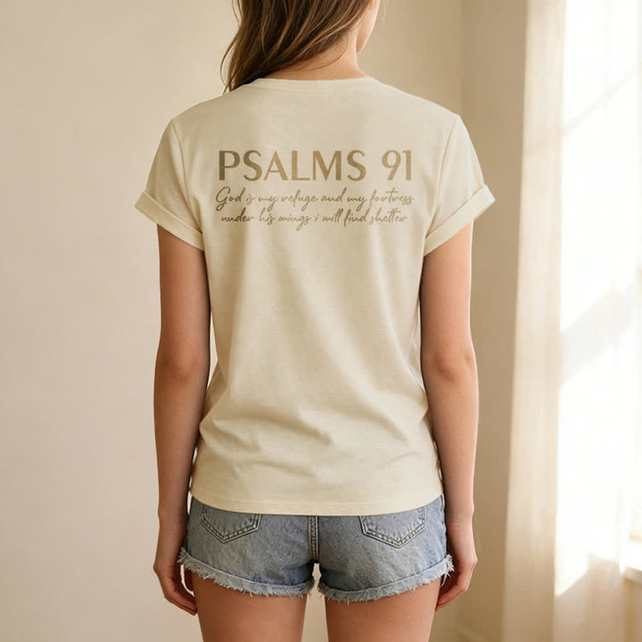 Christianartworkshop Psalms 91 Distressed Cross Knotted Hem Women's V Neck Tee - image 43