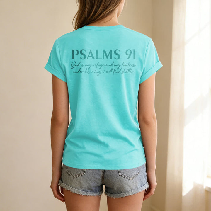 Christianartworkshop Psalms 91 Distressed Cross Knotted Hem Women's V Neck Tee - image 53
