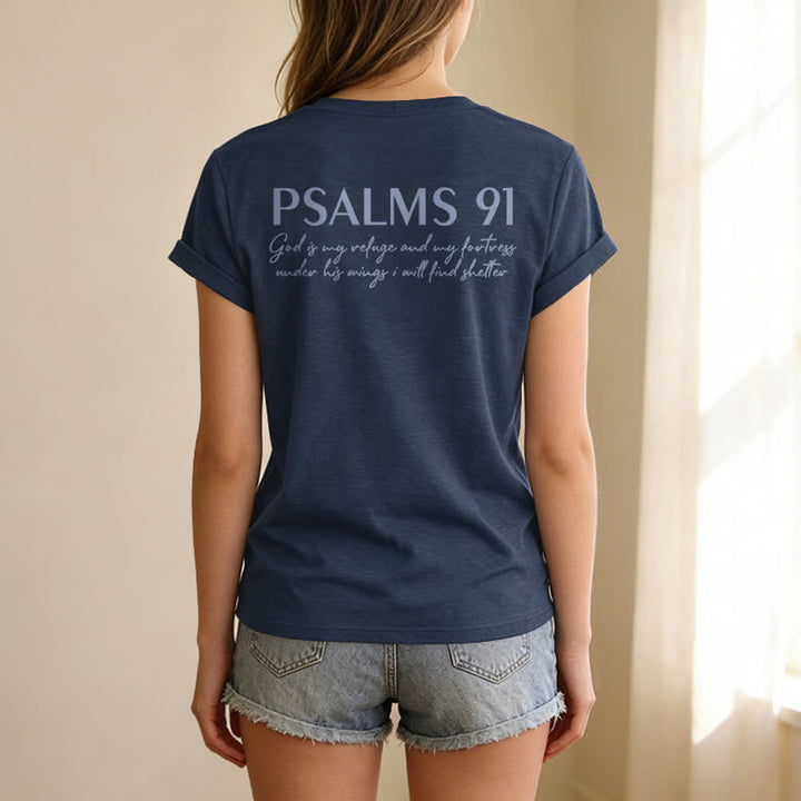 Christianartworkshop Psalms 91 Distressed Cross Knotted Hem Women's V Neck Tee - image 18