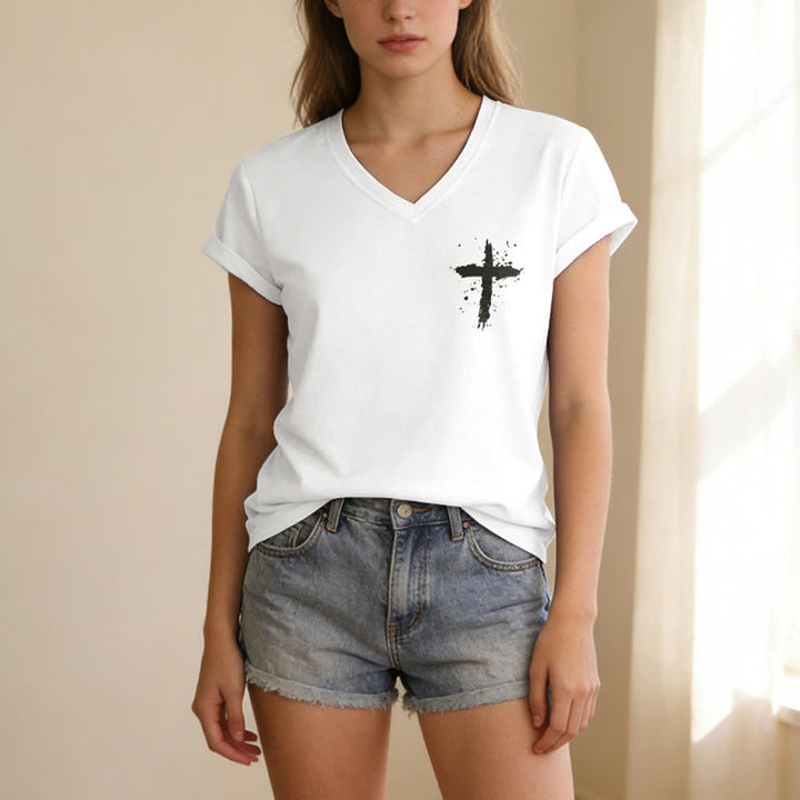 Christianartworkshop Psalms 91 Distressed Cross Knotted Hem Women's V Neck Tee - image 9