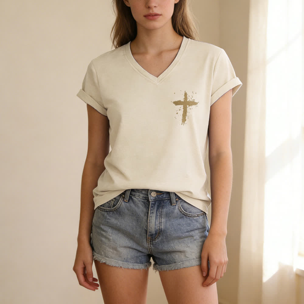 Christianartworkshop Psalms 91 Distressed Cross Knotted Hem Women's V Neck Tee - image 44