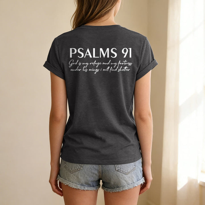Christianartworkshop Psalms 91 Distressed Cross Knotted Hem Women's V Neck Tee - image 23