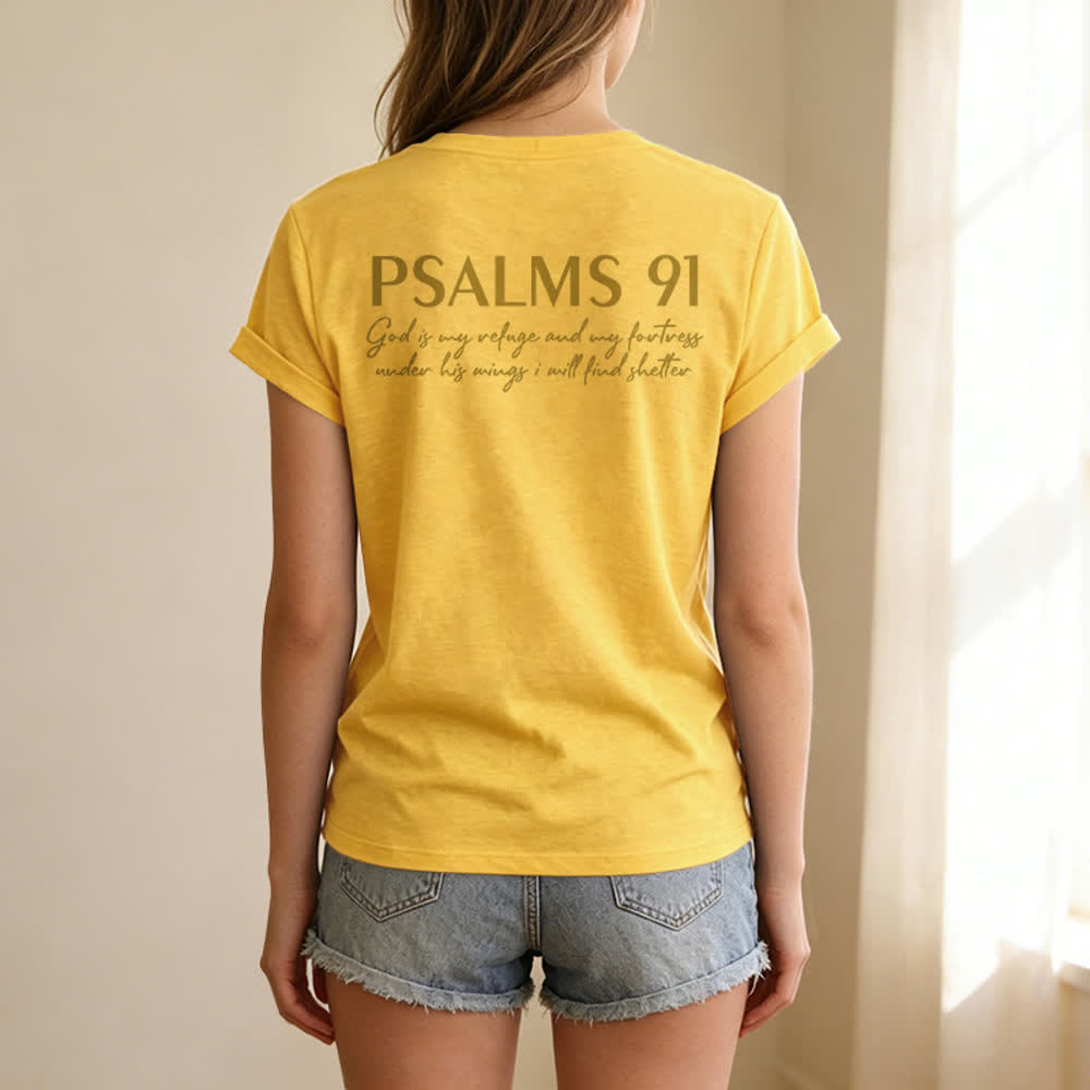 Christianartworkshop Psalms 91 Distressed Cross Knotted Hem Women's V Neck Tee - image 58