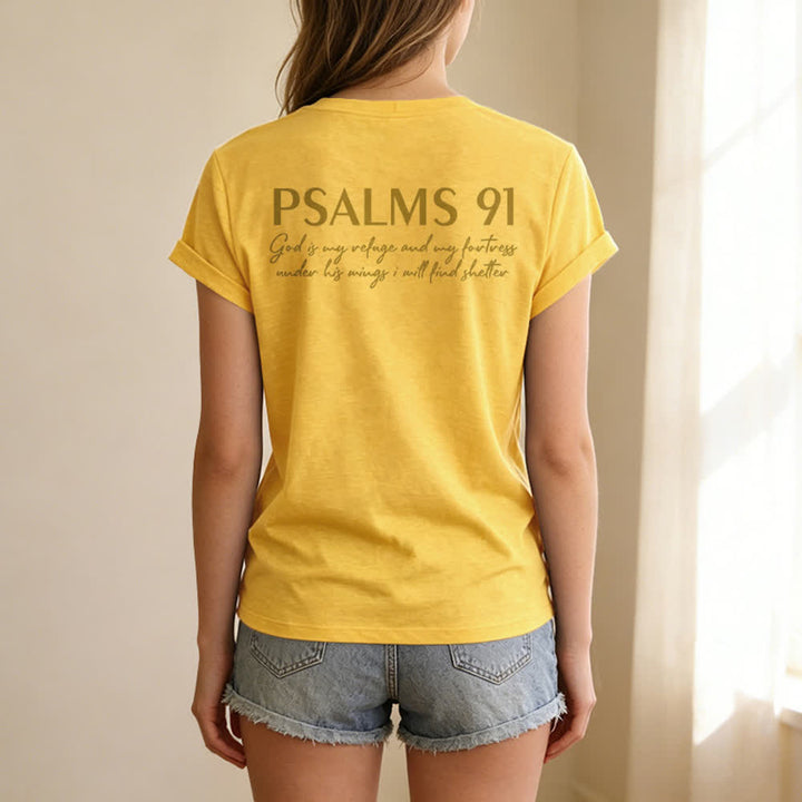 Christianartworkshop Psalms 91 Distressed Cross Knotted Hem Women's V Neck Tee - image 58