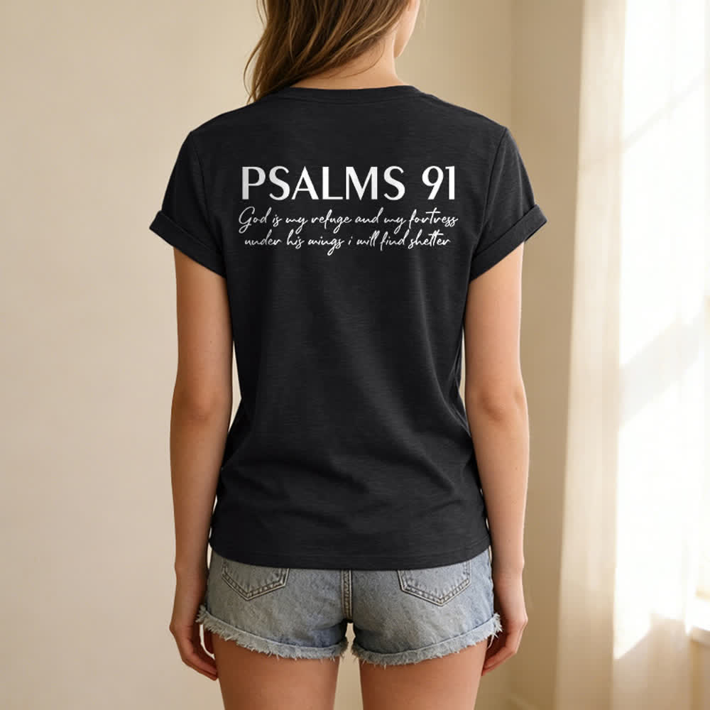 Christianartworkshop Psalms 91 Distressed Cross Knotted Hem Women's V Neck Tee - image 3