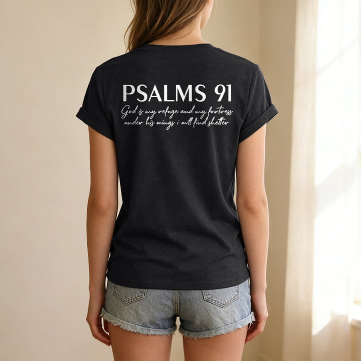 Christianartworkshop Psalms 91 Distressed Cross Knotted Hem Women's V Neck Tee - image 3