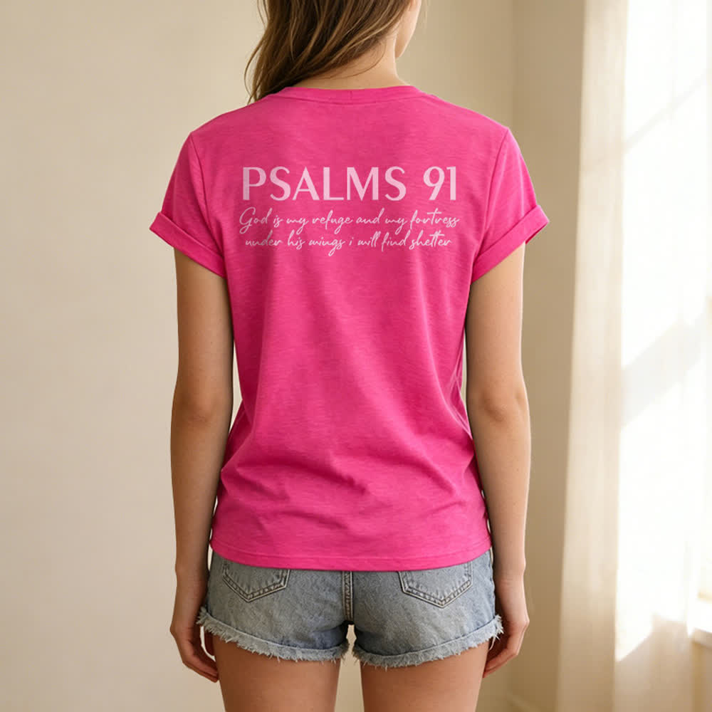 Christianartworkshop Psalms 91 Distressed Cross Knotted Hem Women's V Neck Tee - image 48