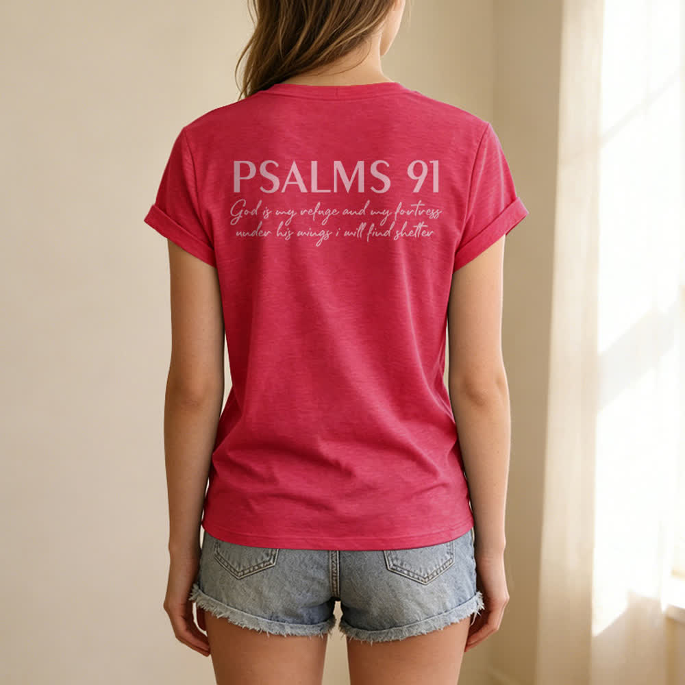 Christianartworkshop Psalms 91 Distressed Cross Knotted Hem Women's V Neck Tee - Pink - 2XL - image 28