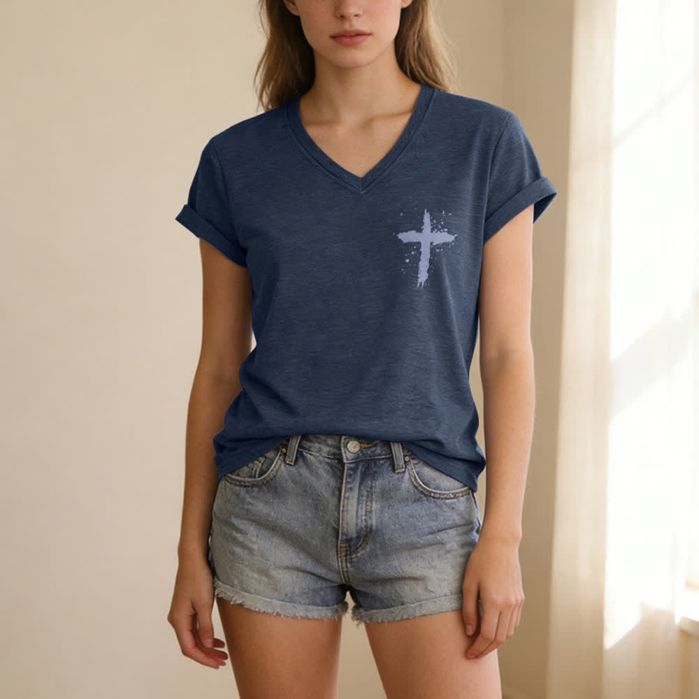 Christianartworkshop Psalms 91 Distressed Cross Knotted Hem Women's V Neck Tee - image 19