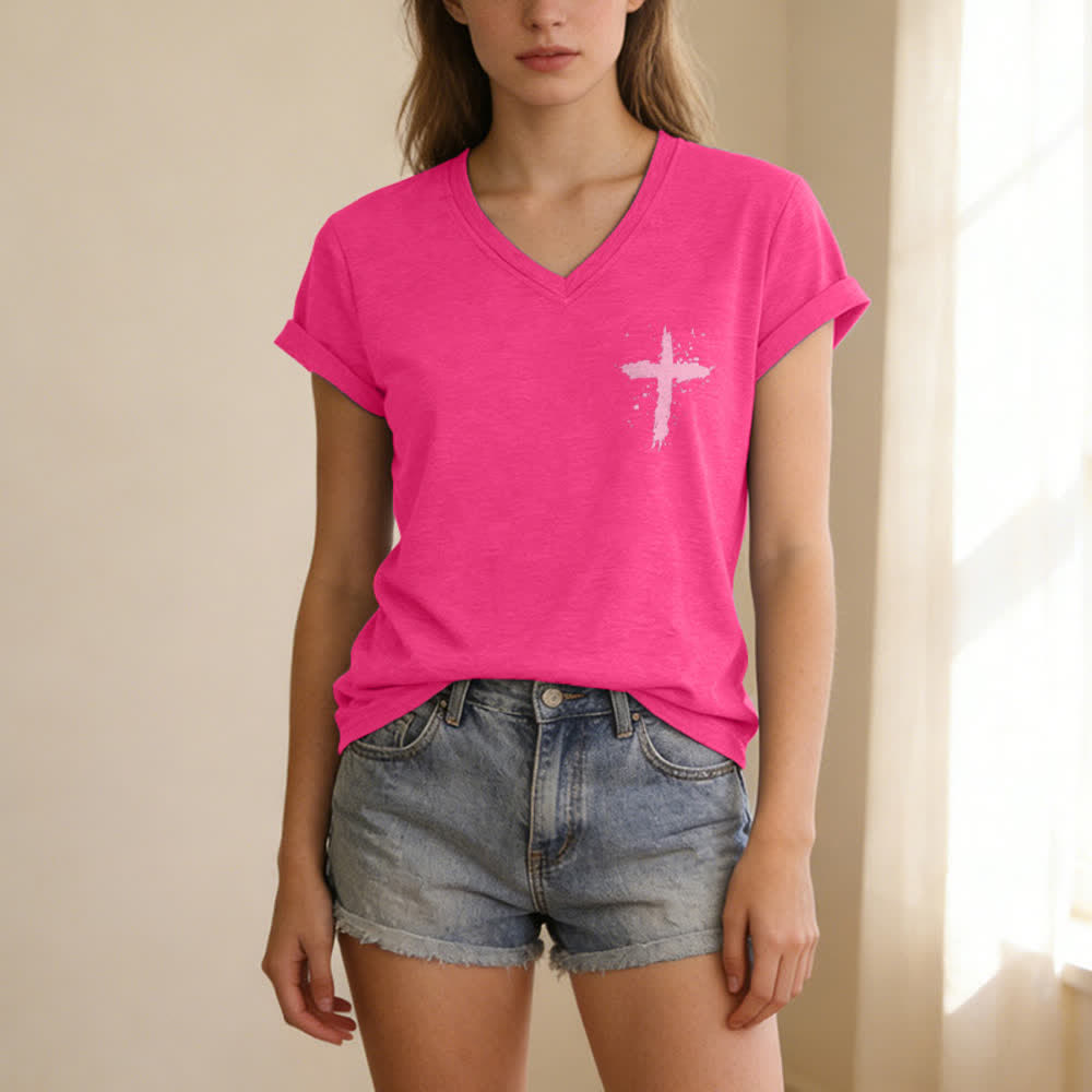 Christianartworkshop Psalms 91 Distressed Cross Knotted Hem Women's V Neck Tee - image 49