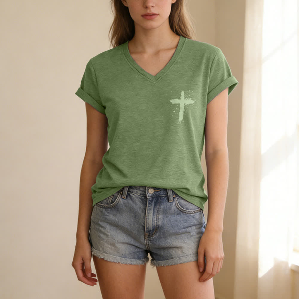 Christianartworkshop Psalms 91 Distressed Cross Knotted Hem Women's V Neck Tee - image 14