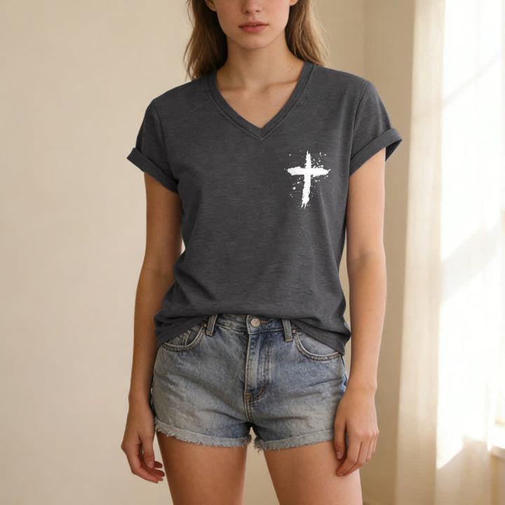 Christianartworkshop Psalms 91 Distressed Cross Knotted Hem Women's V Neck Tee - image 24