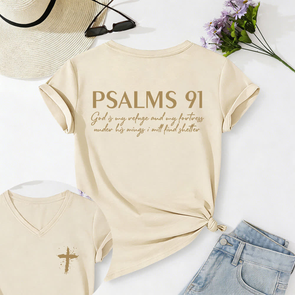 Christianartworkshop Psalms 91 Distressed Cross Knotted Hem Women's V Neck Tee - Beige - 2XL - image 40