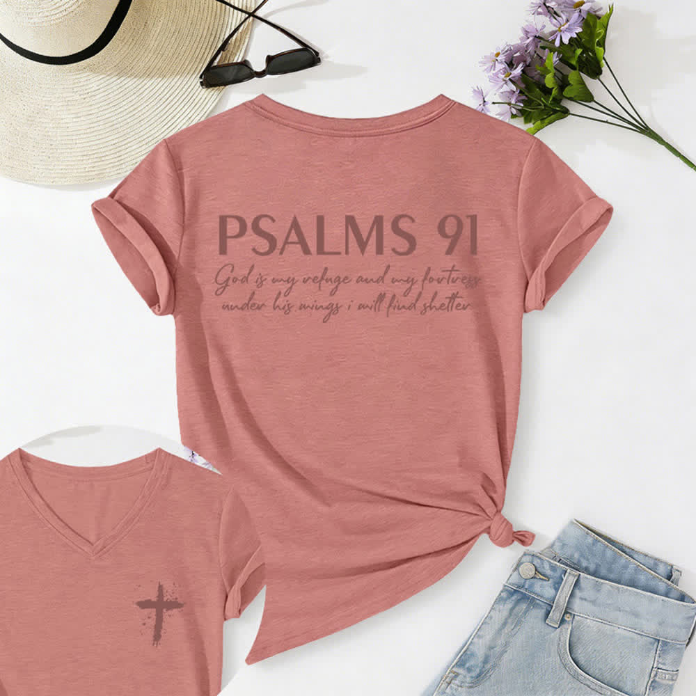 Christianartworkshop Psalms 91 Distressed Cross Knotted Hem Women's V Neck Tee - image 35