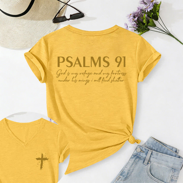Christianartworkshop Psalms 91 Distressed Cross Knotted Hem Women's V Neck Tee - Yellow - 2XL - image 55