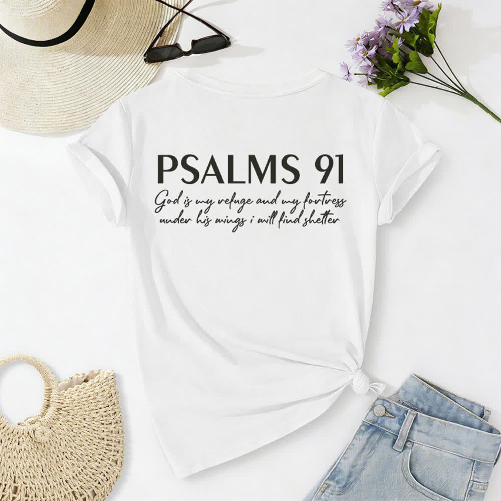 Christianartworkshop Psalms 91 Distressed Cross Knotted Hem Women's V Neck Tee - image 7