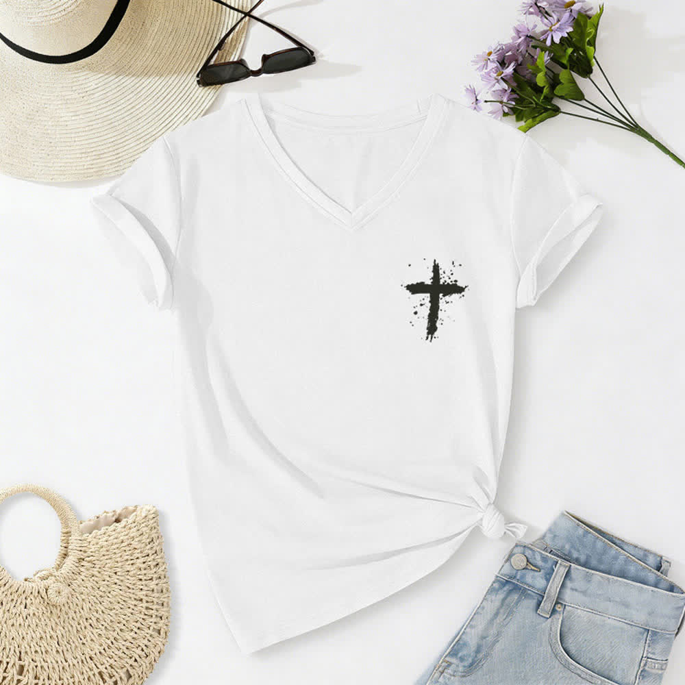 Christianartworkshop Psalms 91 Distressed Cross Knotted Hem Women's V Neck Tee - image 6