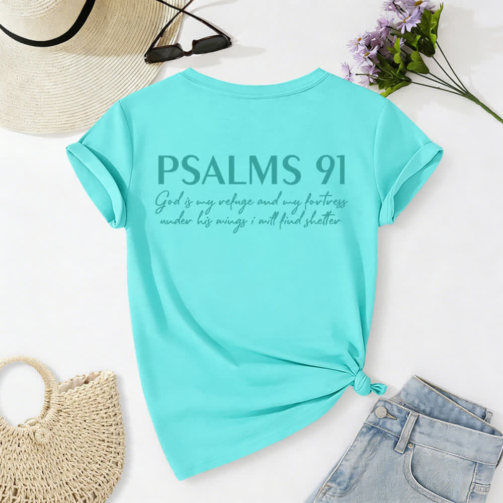 Christianartworkshop Psalms 91 Distressed Cross Knotted Hem Women's V Neck Tee - image 51