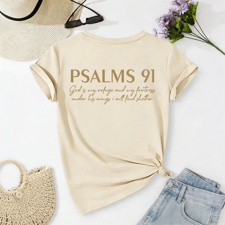 Christianartworkshop Psalms 91 Distressed Cross Knotted Hem Women's V Neck Tee - image 41