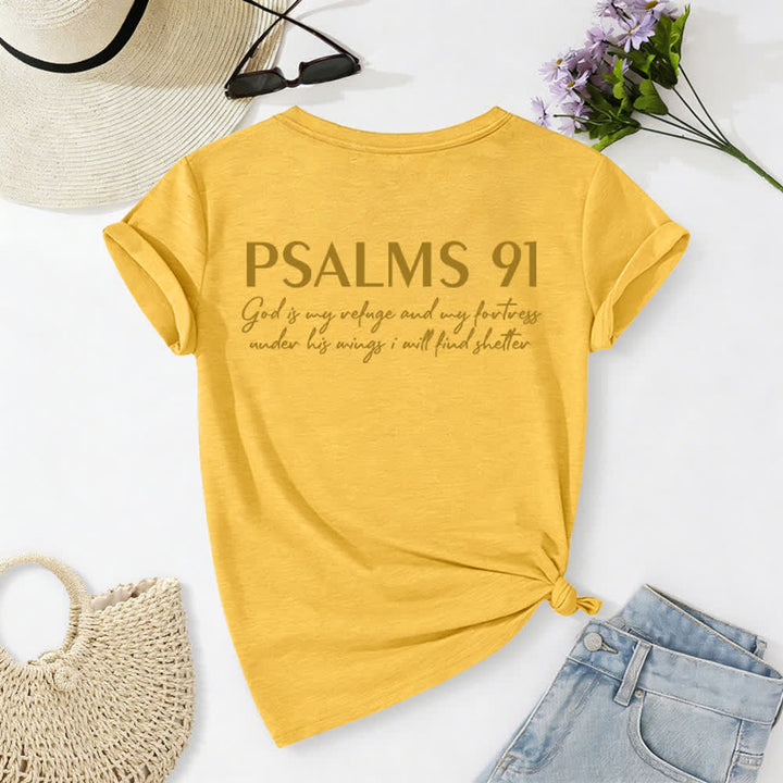 Christianartworkshop Psalms 91 Distressed Cross Knotted Hem Women's V Neck Tee - image 56
