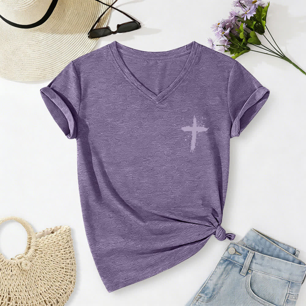 Christianartworkshop Psalms 91 Distressed Cross Knotted Hem Women's V Neck Tee - image 62