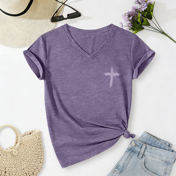 Christianartworkshop Psalms 91 Distressed Cross Knotted Hem Women's V Neck Tee - image 62