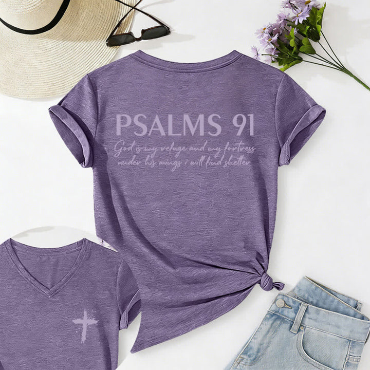 Christianartworkshop Psalms 91 Distressed Cross Knotted Hem Women's V Neck Tee - Purple - 2XL - image 60