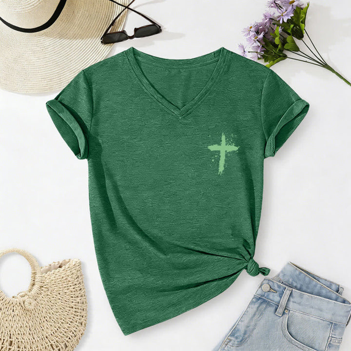 Christianartworkshop Psalms 91 Distressed Cross Knotted Hem Women's V Neck Tee - image 32