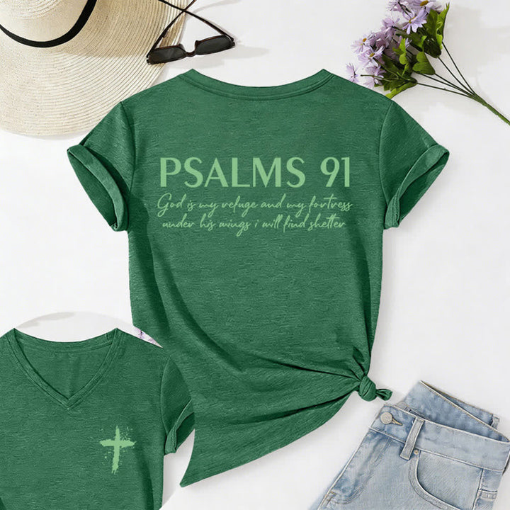 Christianartworkshop Psalms 91 Distressed Cross Knotted Hem Women's V Neck Tee - image 30