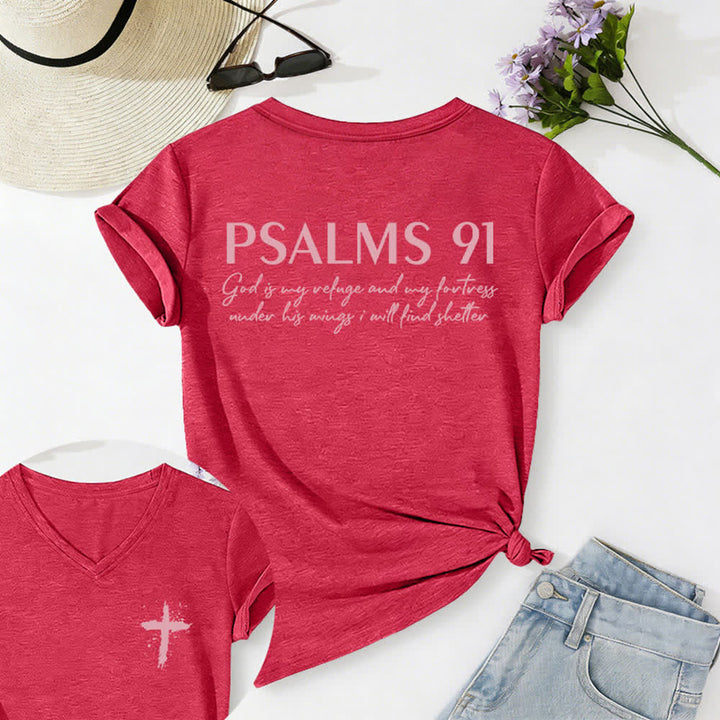 Christianartworkshop Psalms 91 Distressed Cross Knotted Hem Women's V Neck Tee - Red - 2XL - image 25