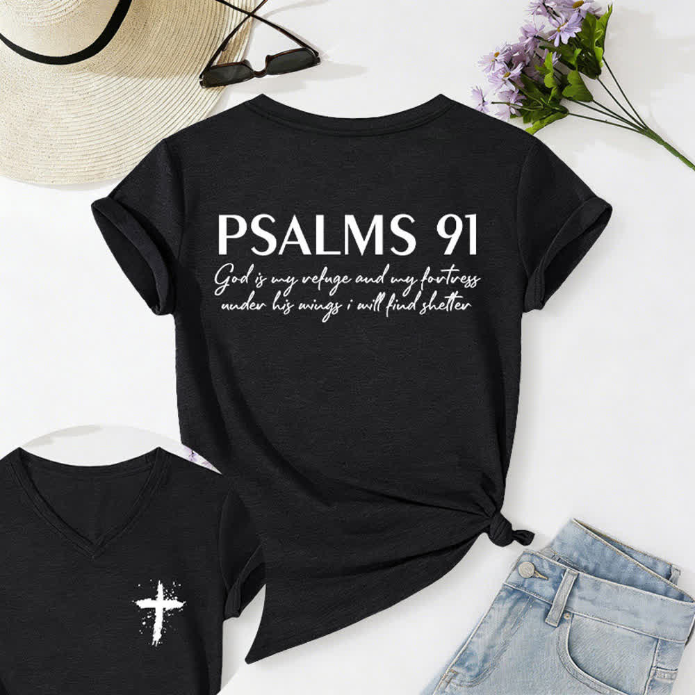 Christianartworkshop Psalms 91 Distressed Cross Knotted Hem Women's V Neck Tee - Black - 2XL - image 0