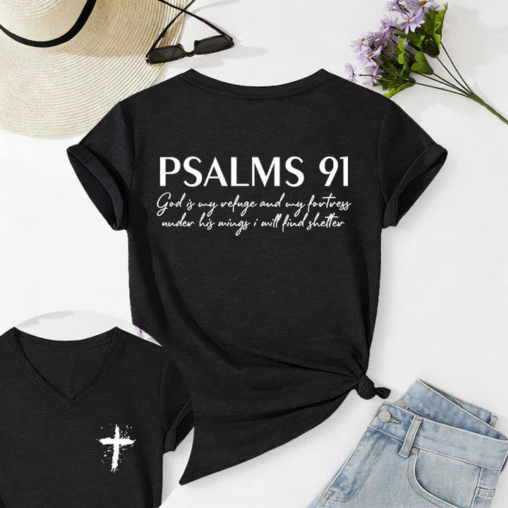 Christianartworkshop Psalms 91 Distressed Cross Knotted Hem Women's V Neck Tee - Black - 2XL - image 0