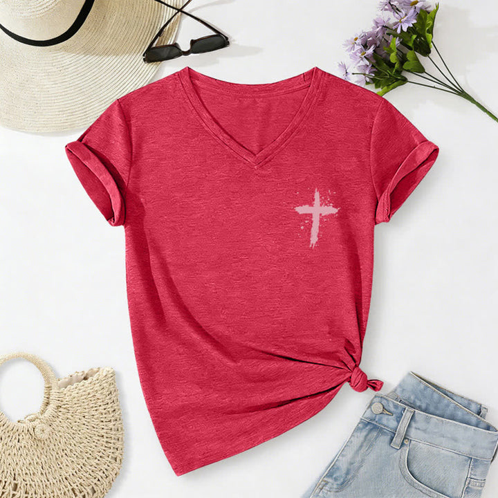 Christianartworkshop Psalms 91 Distressed Cross Knotted Hem Women's V Neck Tee - image 27