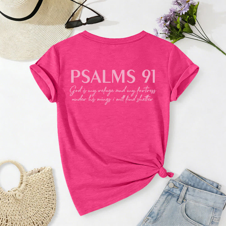 Christianartworkshop Psalms 91 Distressed Cross Knotted Hem Women's V Neck Tee - image 46