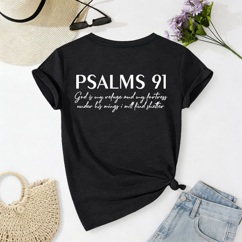 Christianartworkshop Psalms 91 Distressed Cross Knotted Hem Women's V Neck Tee - image 1