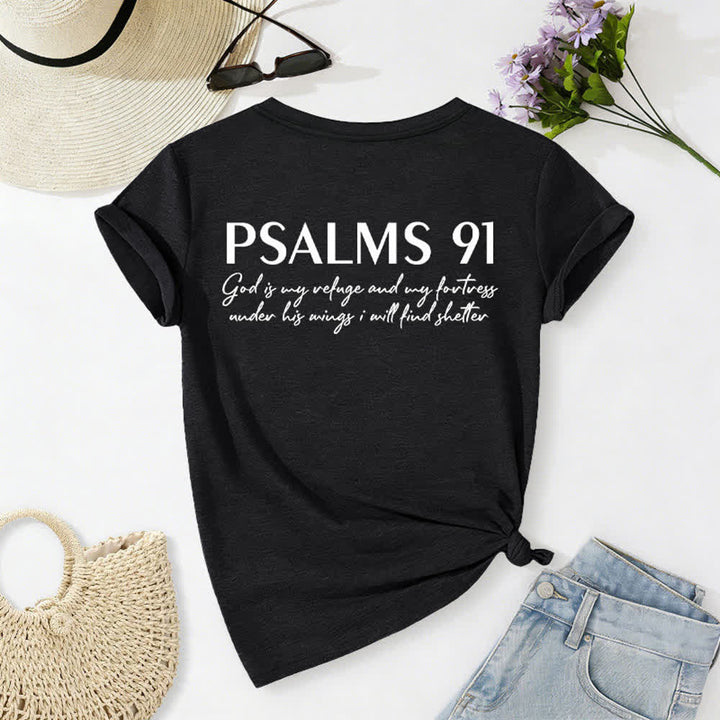 Christianartworkshop Psalms 91 Distressed Cross Knotted Hem Women's V Neck Tee - image 1