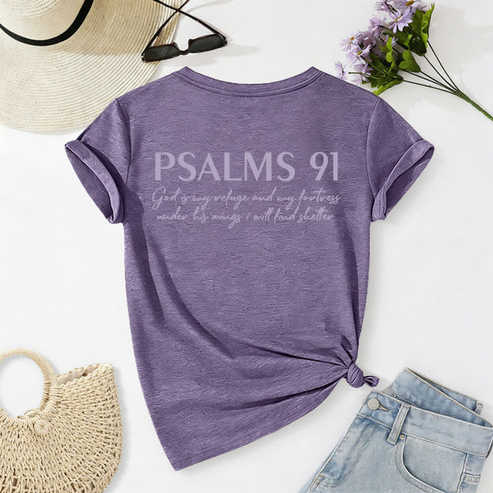 Christianartworkshop Psalms 91 Distressed Cross Knotted Hem Women's V Neck Tee - image 61