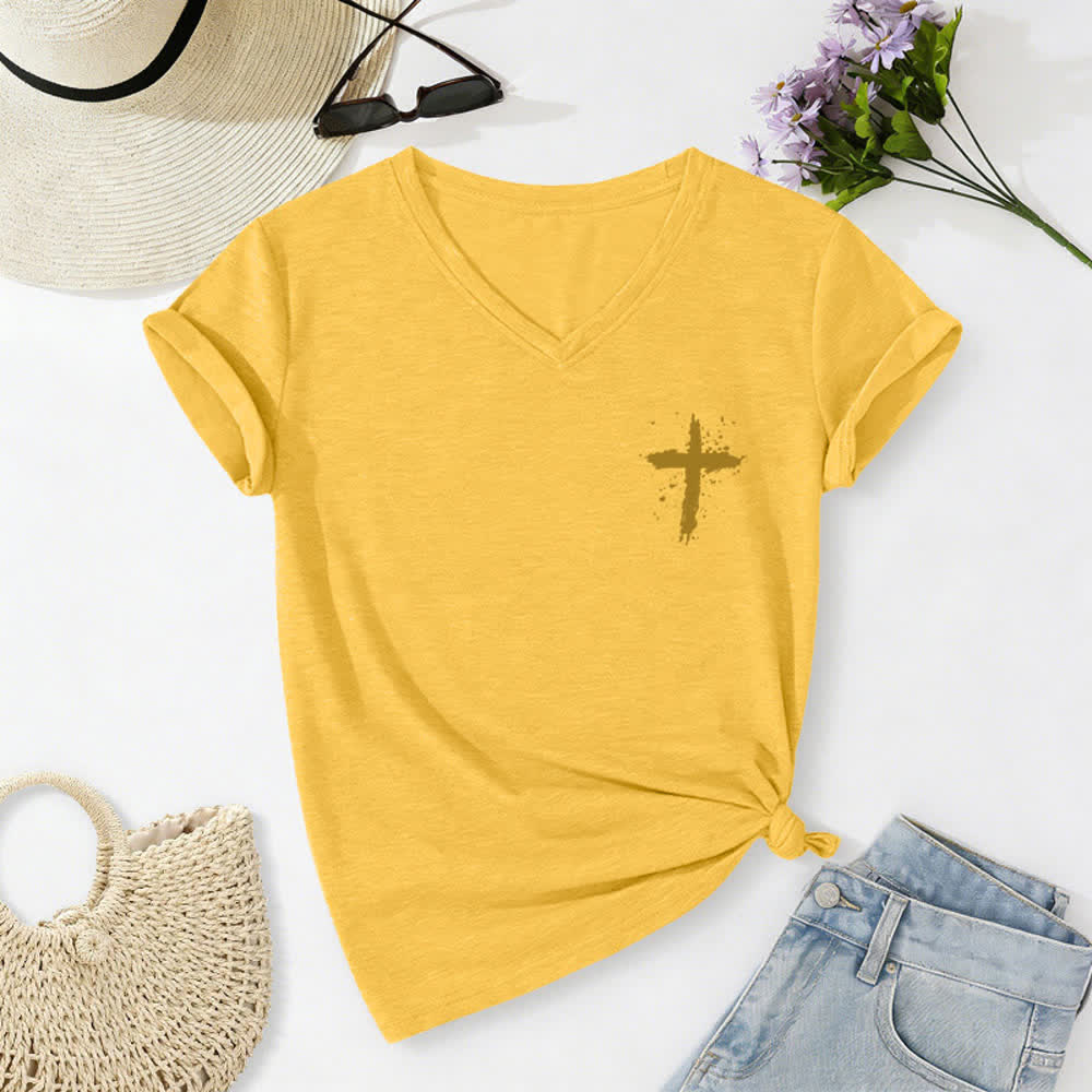 Christianartworkshop Psalms 91 Distressed Cross Knotted Hem Women's V Neck Tee - image 57
