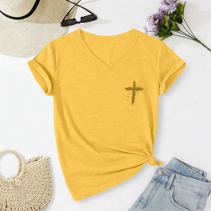 Christianartworkshop Psalms 91 Distressed Cross Knotted Hem Women's V Neck Tee - image 57