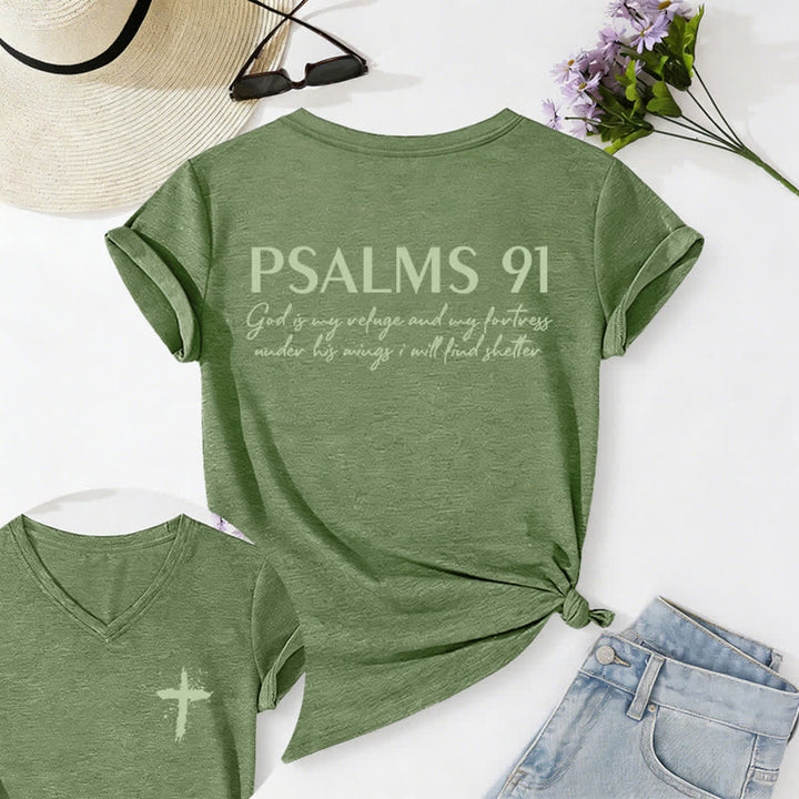 Christianartworkshop Psalms 91 Distressed Cross Knotted Hem Women's V Neck Tee - Green - 2XL - image 10