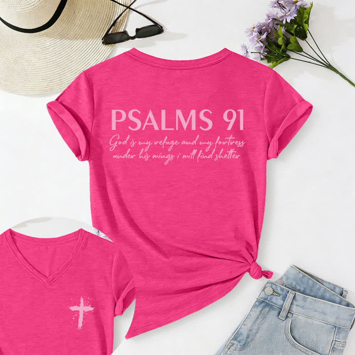 Christianartworkshop Psalms 91 Distressed Cross Knotted Hem Women's V Neck Tee - image 45