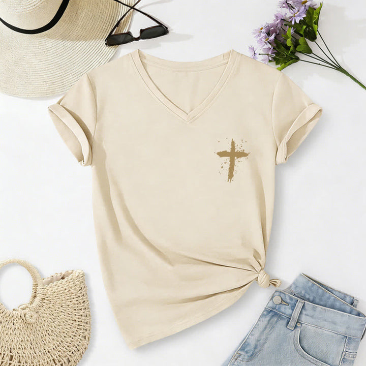 Christianartworkshop Psalms 91 Distressed Cross Knotted Hem Women's V Neck Tee - image 42