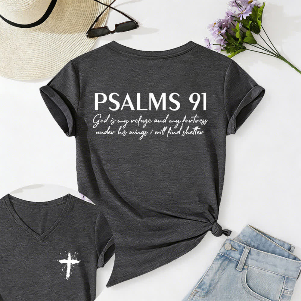 Christianartworkshop Psalms 91 Distressed Cross Knotted Hem Women's V Neck Tee - Dark Grey - 2XL - image 20