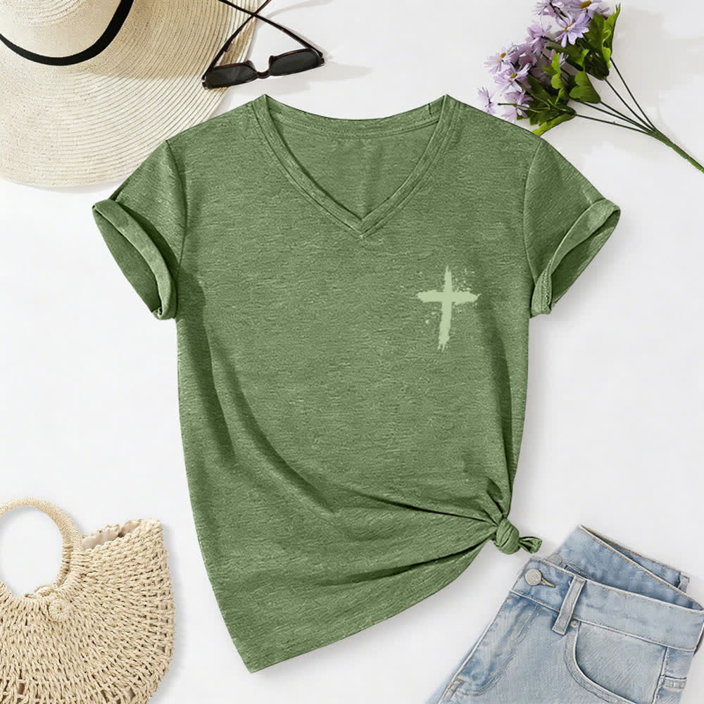 Christianartworkshop Psalms 91 Distressed Cross Knotted Hem Women's V Neck Tee - image 12